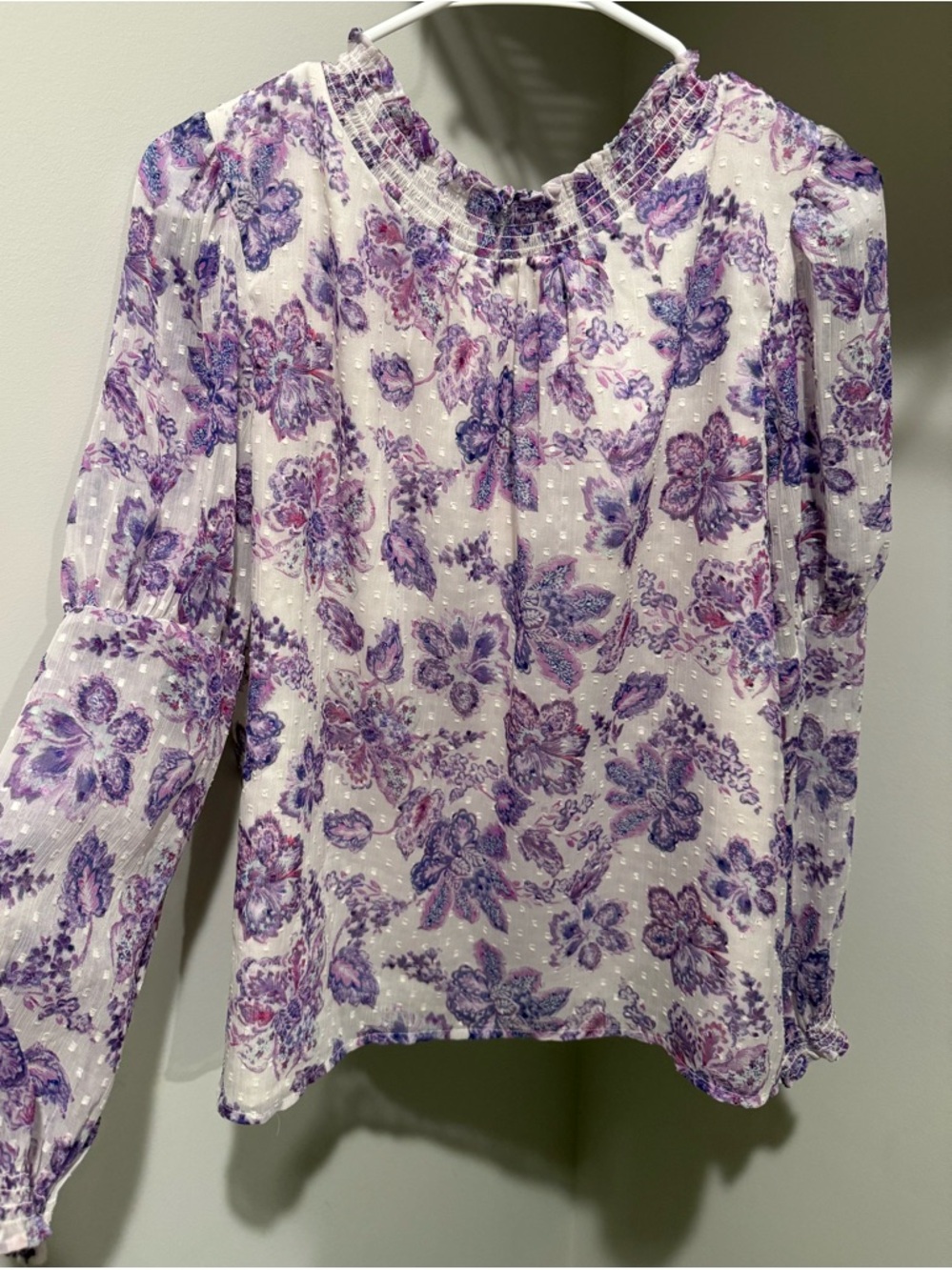 LOFT Purple Floral Long-Sleeve Smocked Neck Blouse